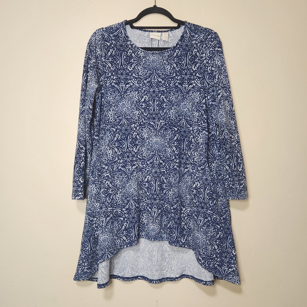Chicos Blue Long Sleeve Tunic Pockets Size 1P Medium Petite - Picture 1 of 6